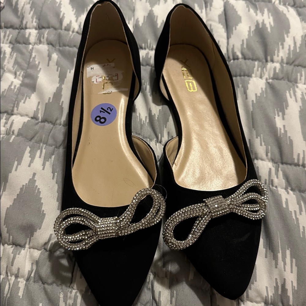 Black Flats with Rhinestone Bow